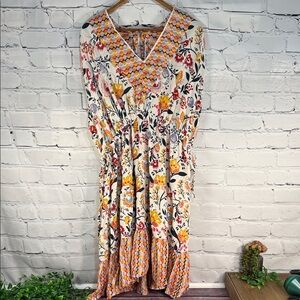 Angie Multicolor Floral Midi Dress. Multimedia. Adjustable Waist cinching ties